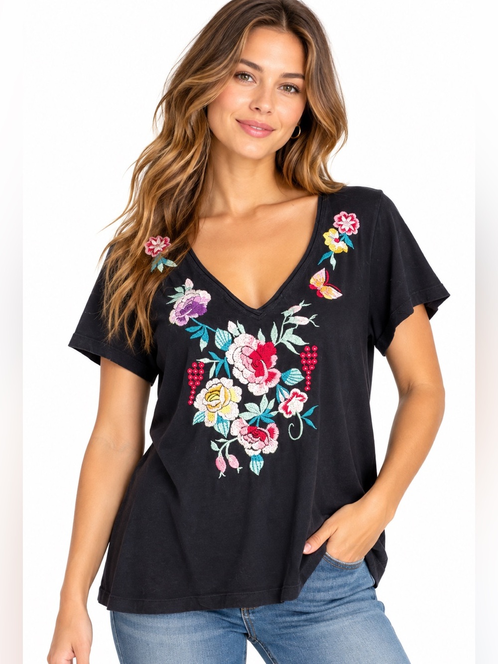 JOHNNY WAS/JW LOS ANGELES  Black Floral Embroidered V-Neck Top Size XL